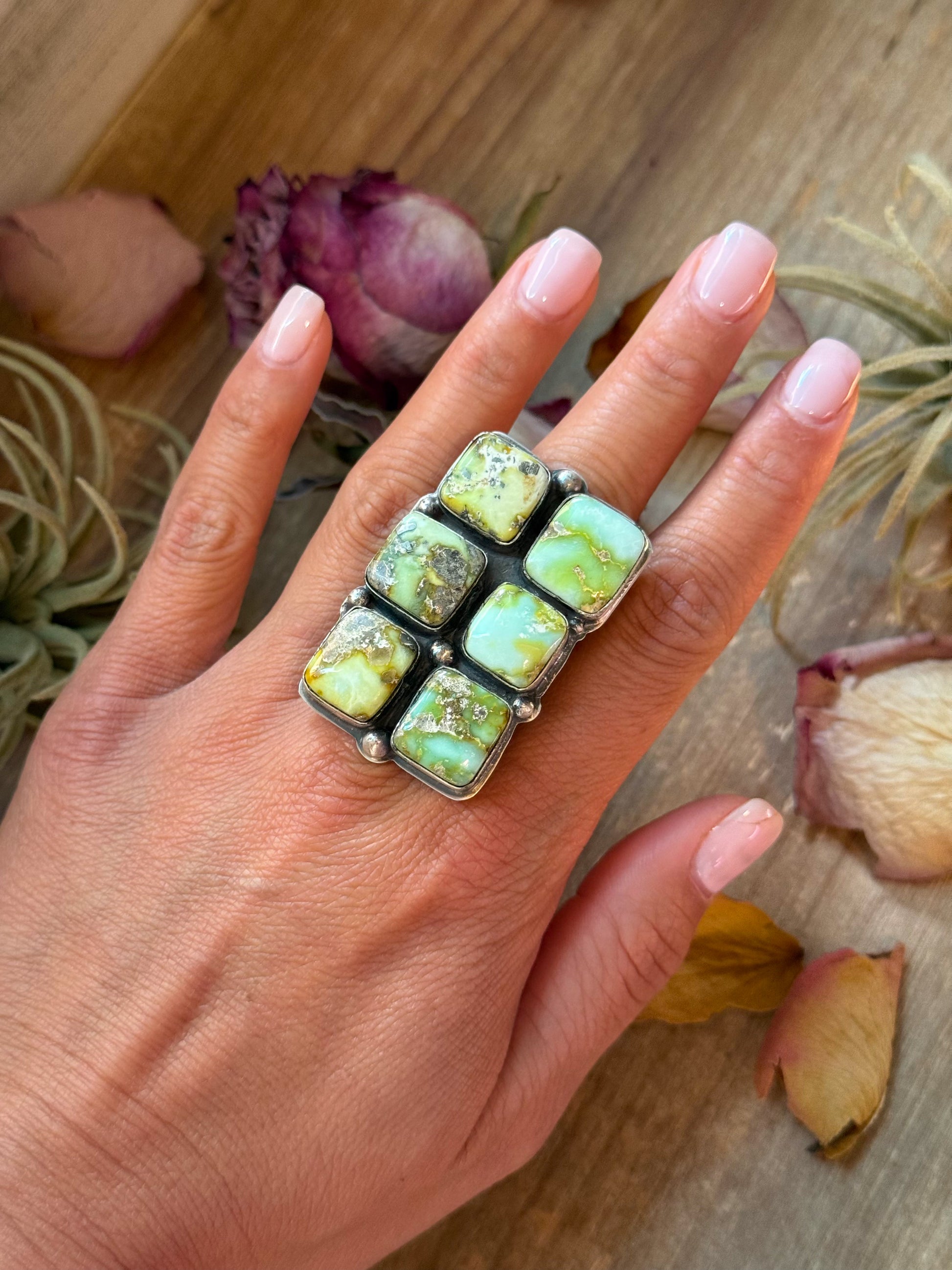 Adjustable sterling-silver ring with six Palomino turquoise stones, stamped BJA Boyd Ashley and Sterling, Navajo handmade in New Mexico USA