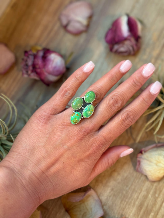 Size 6 sterling-silver diamond-shaped ring with four green turquoise stones, stamped Sterling, handmade in the USA