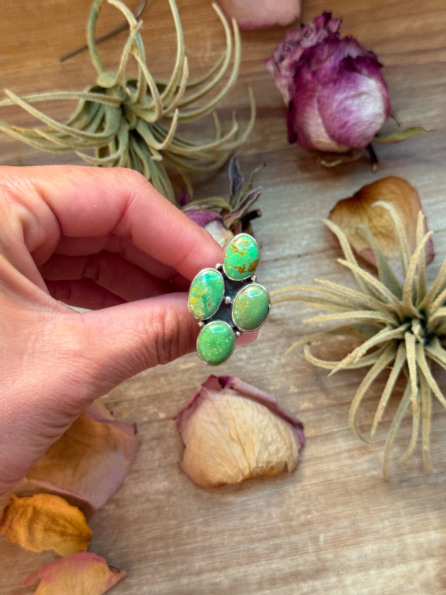 Green Turquoise Sterling Silver Ring – 4-Stone Diamond Shape – Size 6