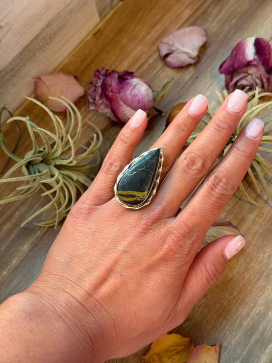 Adjustable sterling-silver teardrop ring with Black Jack turquoise, stamped Sterling, handmade in New Mexico USA
