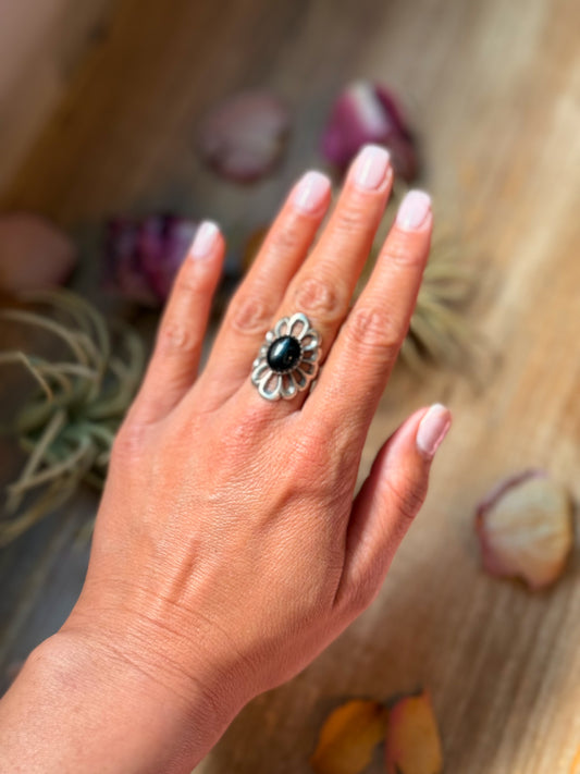 Native made sterling-silver ring with black onyx stone, size 7, stamped Sterling, handmade in the USA