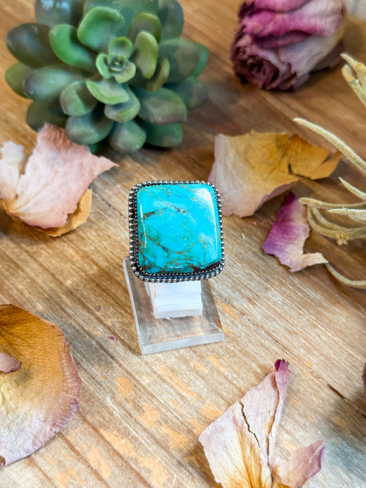 Sterling silver adjustable square turquoise MJ ring handmade by The Bijoux FAB, one of a kind
