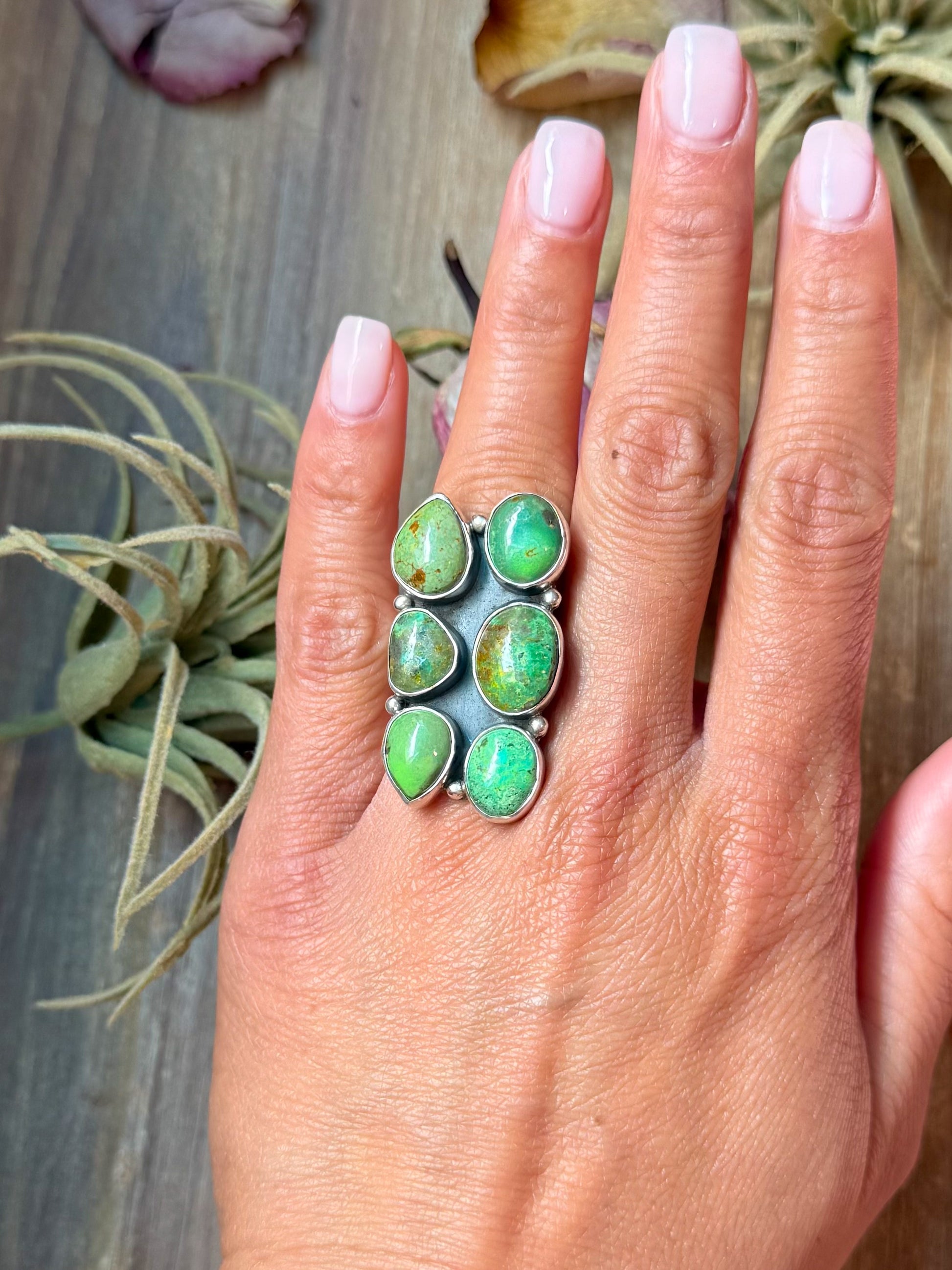 Size 6 sterling-silver cluster ring with six green turquoise stones, stamped Sterling, handmade in the USA