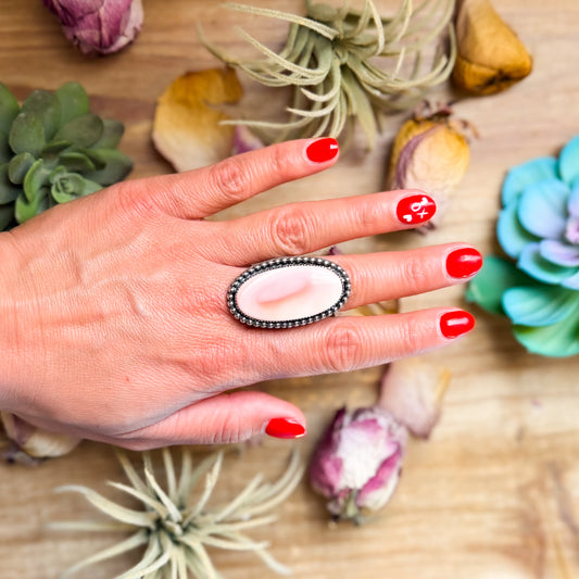 Sterling silver adjustable long Pink Conch MJ ring handmade by The Bijoux FAB, one of a kind
