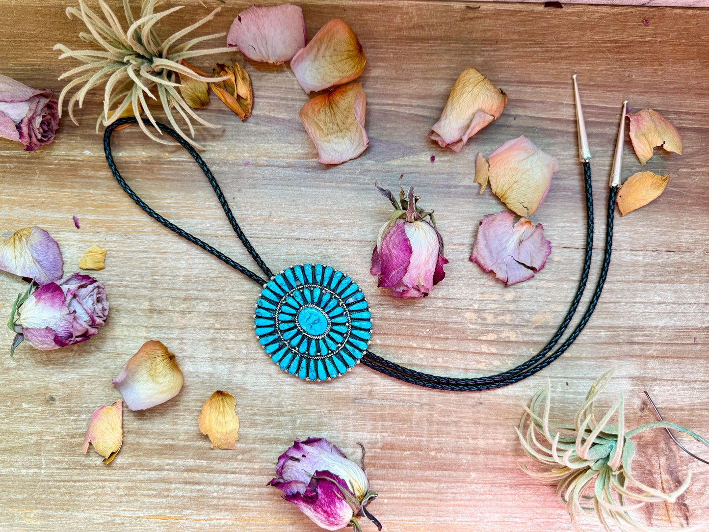 Navajo handmade sterling-silver bolo tie with Kingman turquoise by Jesse Williams, adjustable leather cord, made in the USA