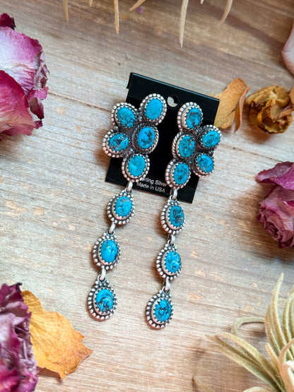 Kingman Turquoise Sterling Silver Earrings – Half-Cluster Design – Stud & Dangle Style