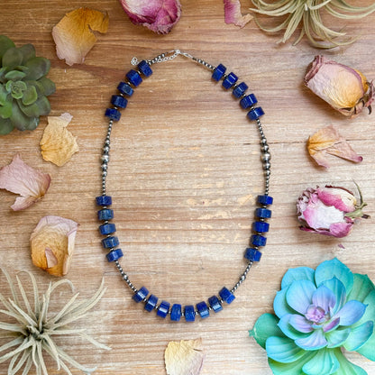 20 inch sterling silver pearl and lapis necklace with extender, handmade, each necklace unique
