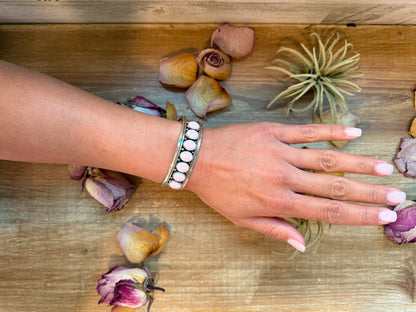 Sterling silver cuff bracelet with pink conch stones, handmade in the USA, adjustable fit