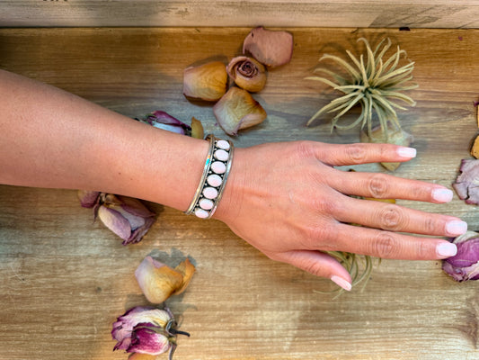 Sterling silver cuff bracelet with pink conch stones, handmade in the USA, adjustable fit