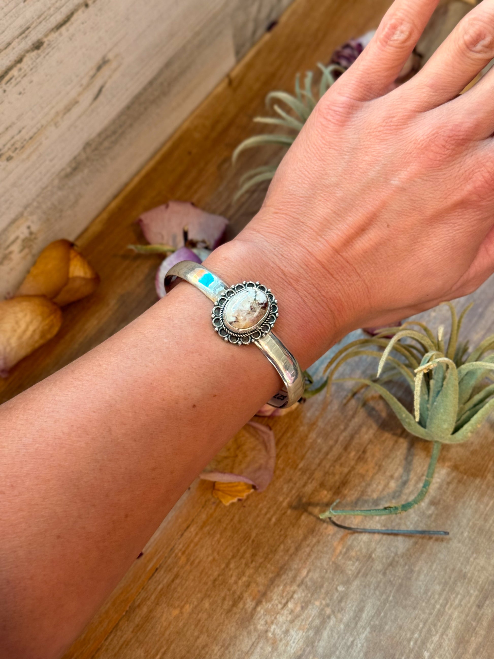 Sterling silver cuff bracelet with Wild Horse stones, handmade in USA, stamped Sterling, adjustable fit