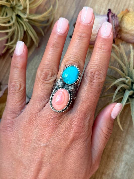 Size 7.5 Navajo handmade sterling-silver ring with Kingman turquoise and pink conch, stamped BJA Boyd Ashley and Sterling, made in USA