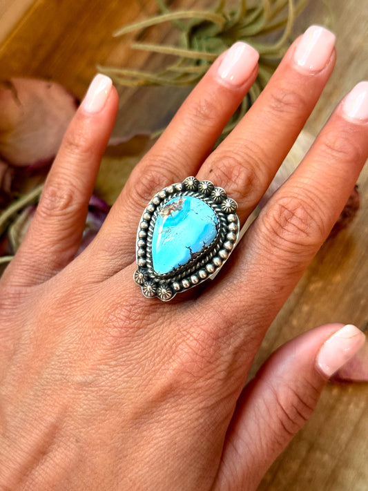 Adjustable sterling-silver ring with Golden Hills turquoise, stamped Sterling, handmade in New Mexico USA