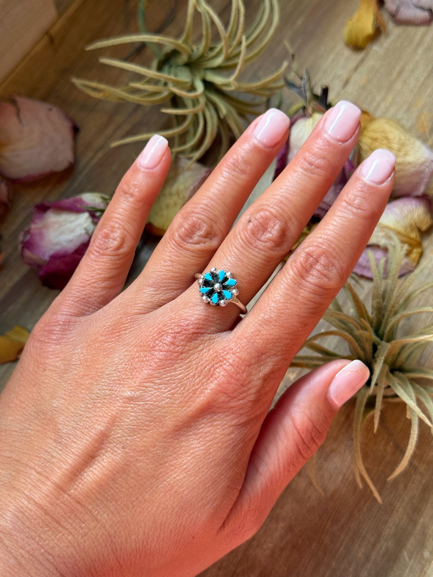 Zuni handmade sterling-silver ring with Kingman turquoise, size 8.5, small and dainty design, made in the USA