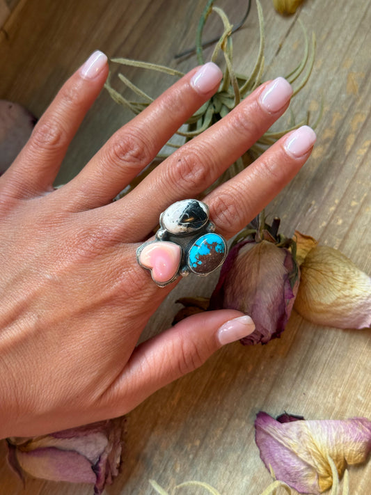 Pink Conch, Kingman Turquoise & White Buffalo Sterling Silver Ring – Adjustable (Size 9+)
