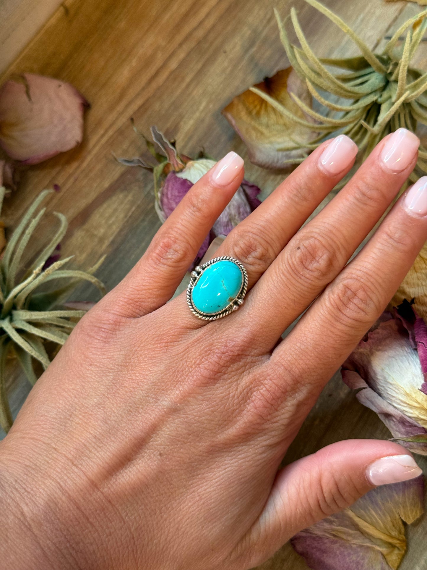 Size 6.5 sterling-silver ring with Kingman turquoise, stamped Sterling, handmade in the USA
