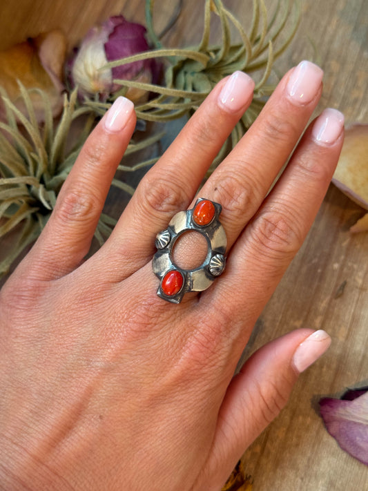 Size 10 Native handmade sterling-silver ring with red coral, stamped Chimney Butte and Sterling, made in Albuquerque New Mexico USA
