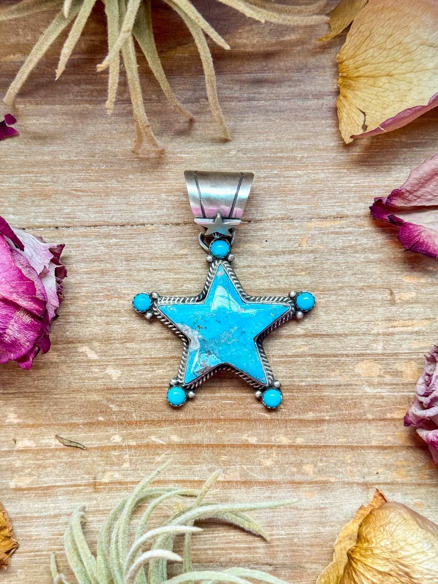 Sterling silver star-shaped Kingman turquoise pendant, 3x2 inch, Native made by Navajo artist P. Yazzie, fits 12 mm pearls