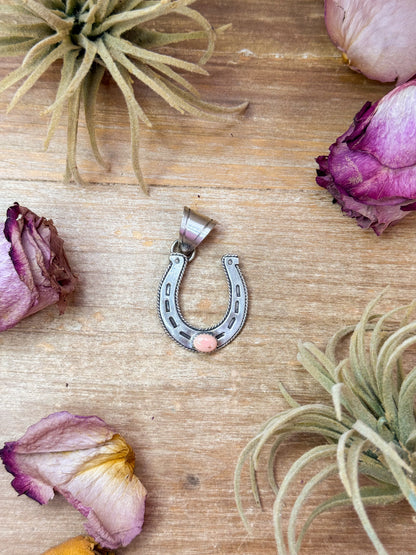 Sterling silver horseshoe pendant with pink conch stones, Native made by Toadlena, fits 8 mm chain, stamped Sterling