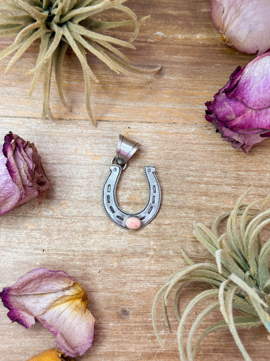 Sterling silver horseshoe pendant with pink conch stones, Native made by Toadlena, fits 8 mm chain, stamped Sterling