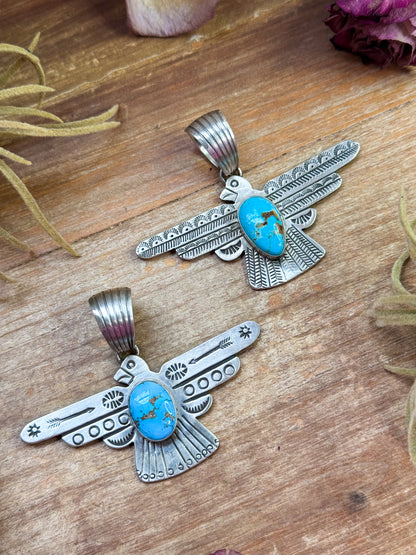 Sterling silver Thunderbird pendant, 3x2 inch, Native made by Navajo artist Russell Sam, fits 12 mm chain, stamped Sterling