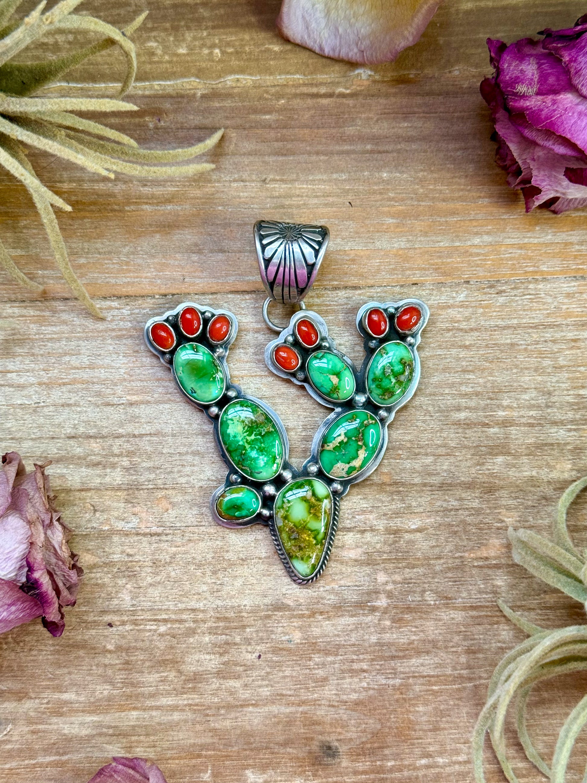 Sterling silver cactus-shaped pendant with Sonoran turquoise and coral, Native made by Navajo artist Charles Johnson, fits 12 mm chain