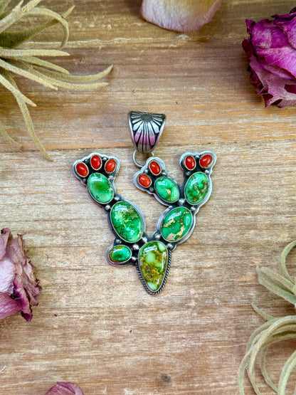 Sterling silver cactus-shaped pendant with Sonoran turquoise and coral, Native made by Navajo artist Charles Johnson, fits 12 mm chain