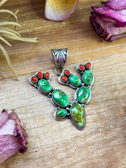 Sterling Silver Cactus Pendant with Sonoran Turquoise & Coral – Native Made by Charles Johnson
