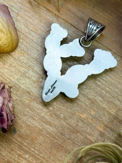 Sterling Silver Cactus Pendant with Sonoran Turquoise & Coral – Native Made by Charles Johnson