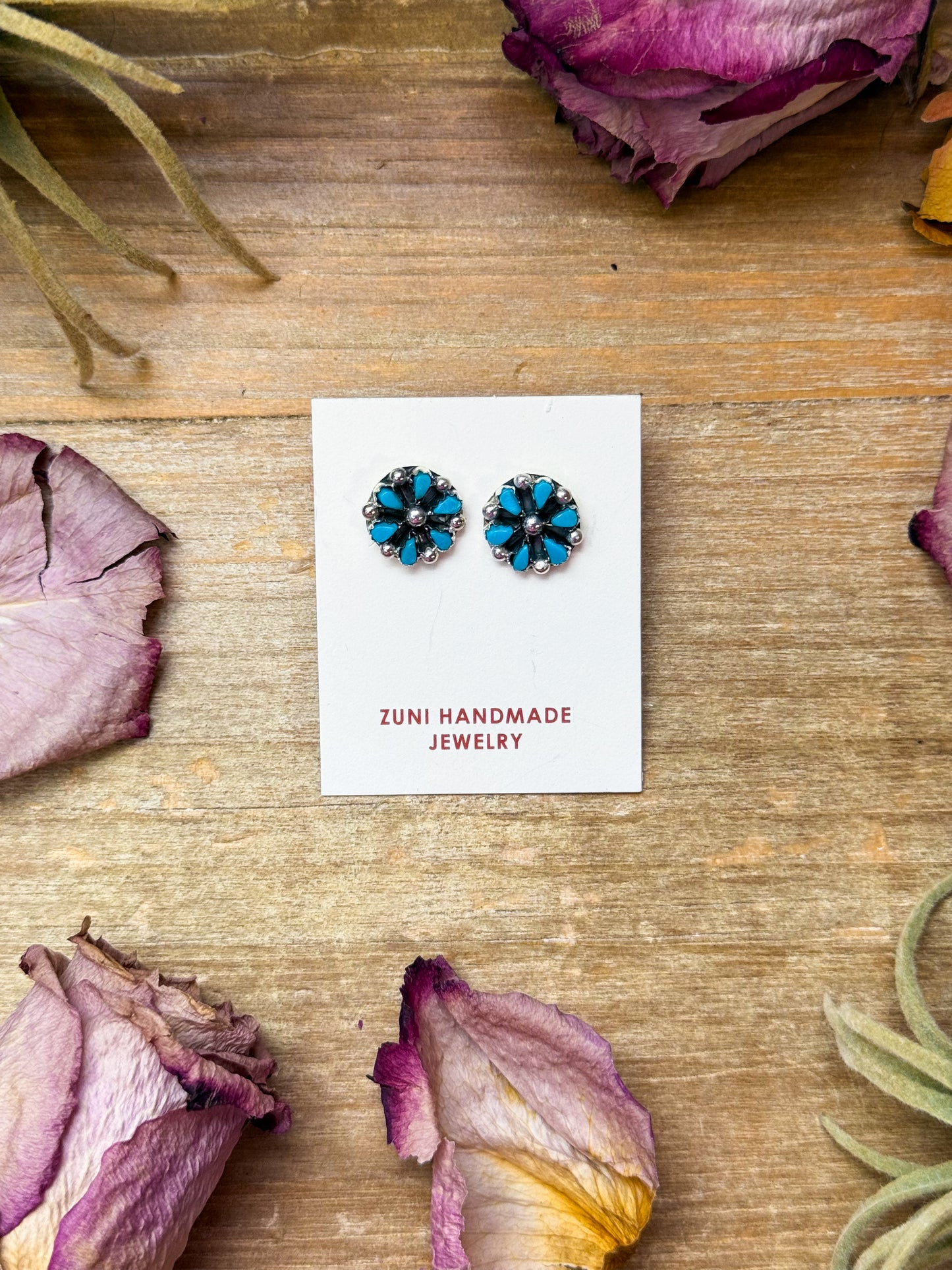Zuni handmade Kingman turquoise mini cluster stud earrings, Native made, sterling silver, post in the middle, best-selling gift