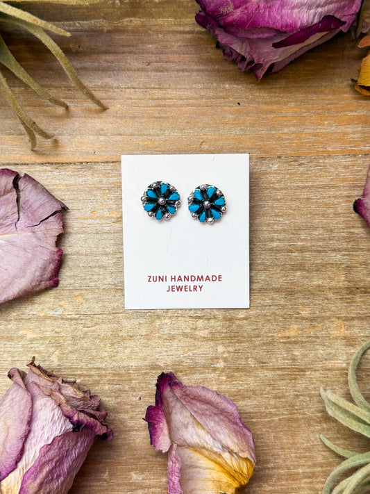 Zuni handmade Kingman turquoise mini cluster stud earrings, Native made, sterling silver, post in the middle, best-selling gift