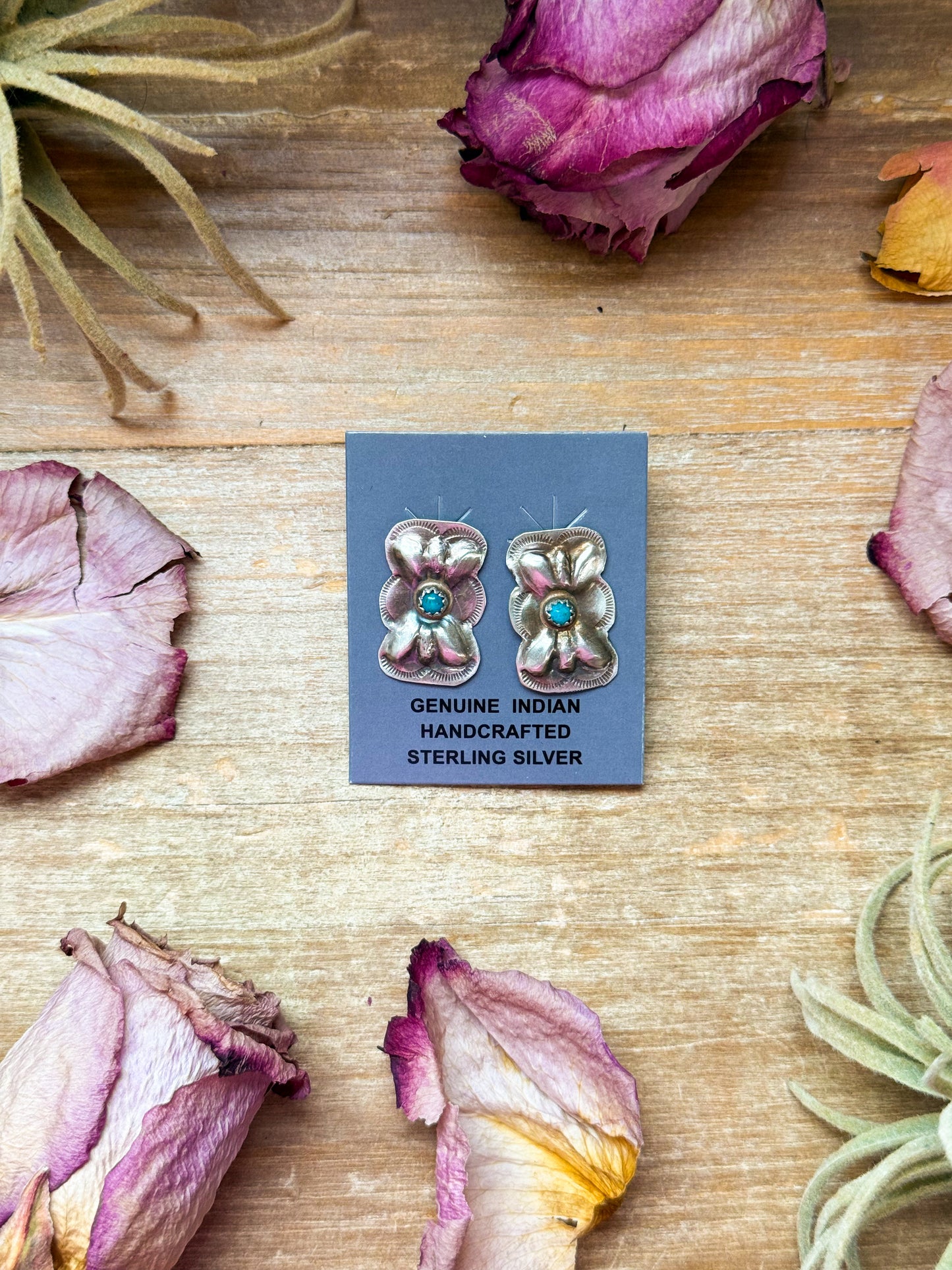 Sterling silver Kingman turquoise stud earrings with post on top, Native made, handmade in USA, each pair slightly unique