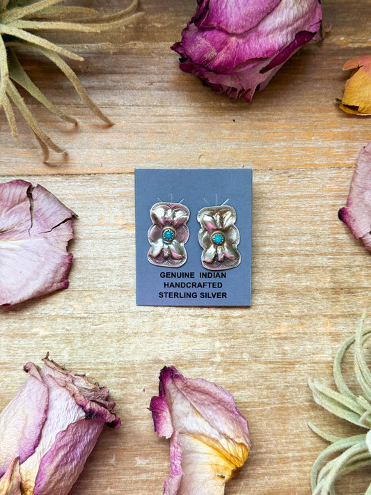 Sterling silver Kingman turquoise stud earrings with post on top, Native made, handmade in USA, each pair slightly unique