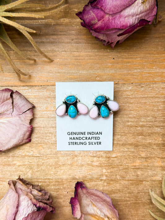 Sterling silver stud earrings with pink conch and Kingman turquoise, Native made by Navajo artist Marcella James, post on top
