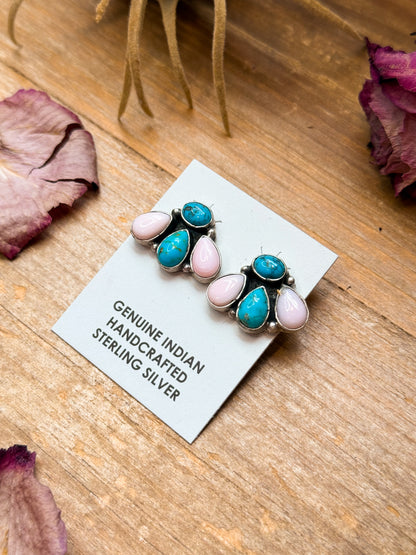 Sterling Silver Pink Conch & Kingman Turquoise Stud Earrings