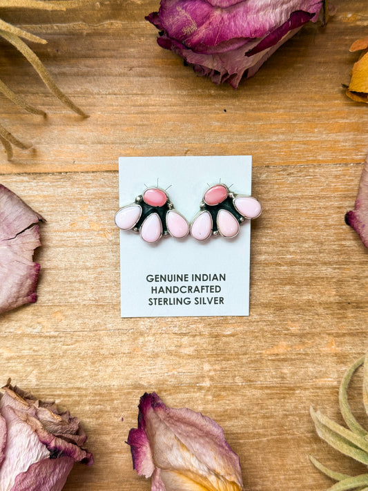 Sterling silver pink conch stud earrings, Native made by Navajo artist Marcella James, post on top, handmade in USA
