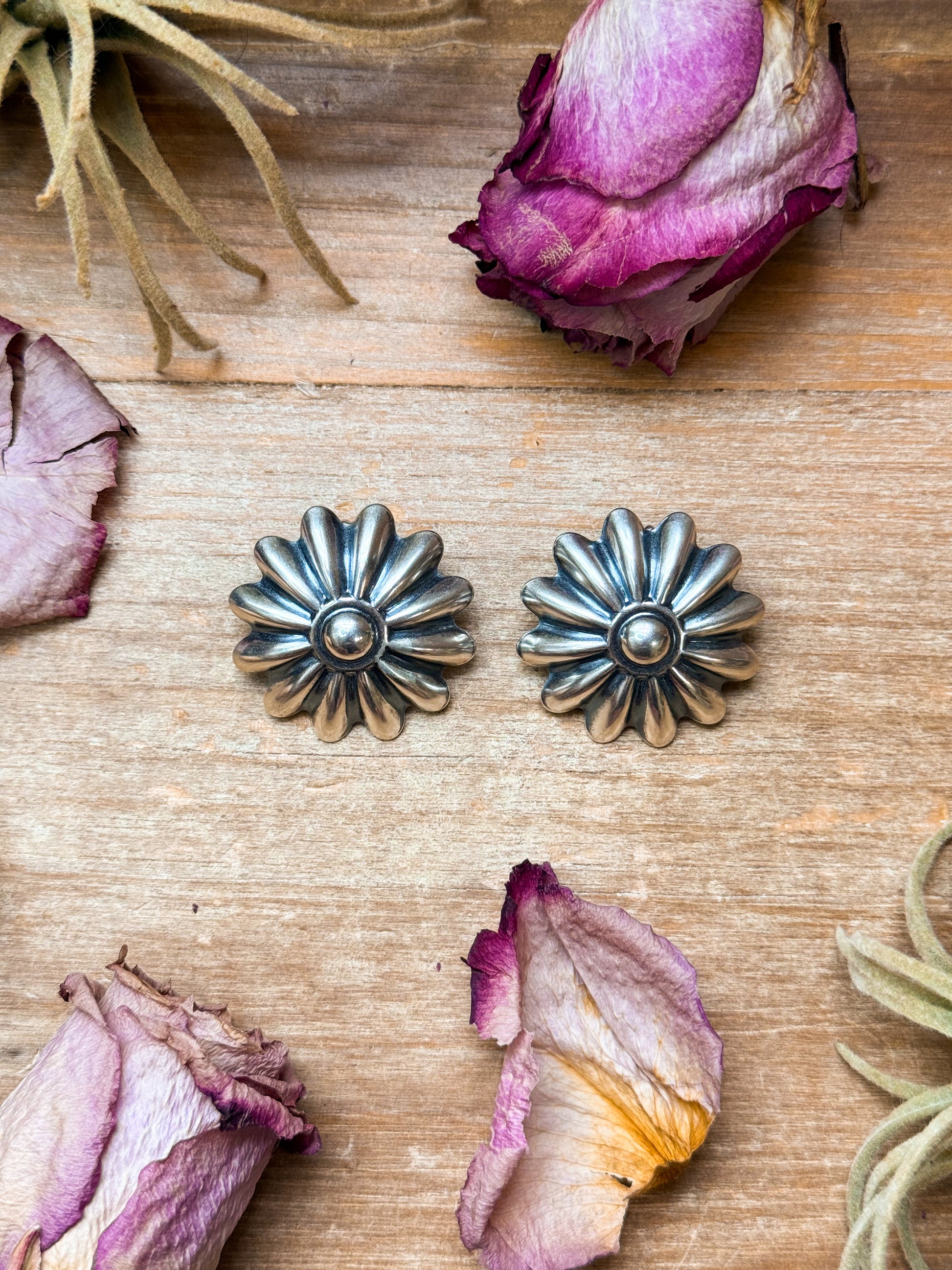 Large sterling silver concho stud earrings, lightweight with post on top, handmade in USA, called The Pascale