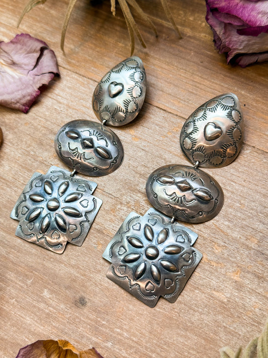 Sterling silver concho dangle earrings, Native made by Navajo artist Rita Lee, lightweight with detailed engraving, collectible design