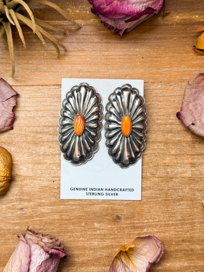 Sterling silver concho earrings with spiny oyster, Native made by Navajo artist Rita Lee, lightweight and collectible