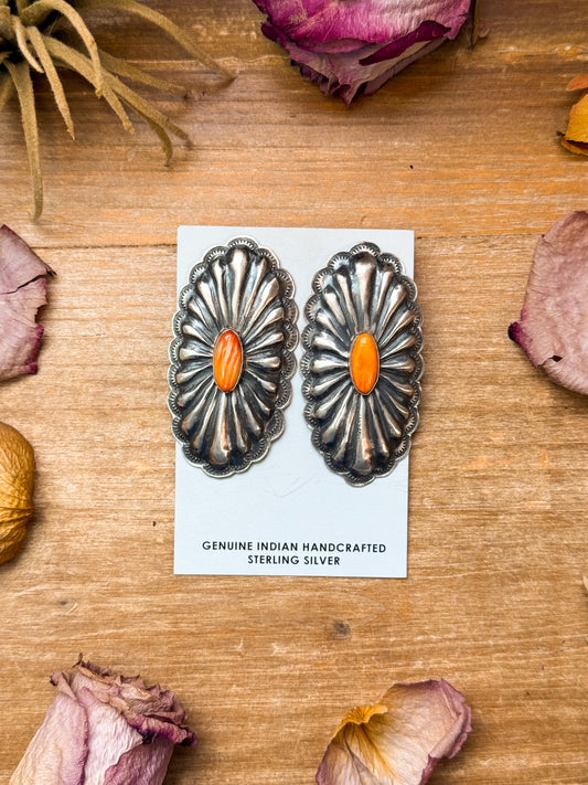 Sterling silver concho earrings with spiny oyster, Native made by Navajo artist Rita Lee, lightweight and collectible