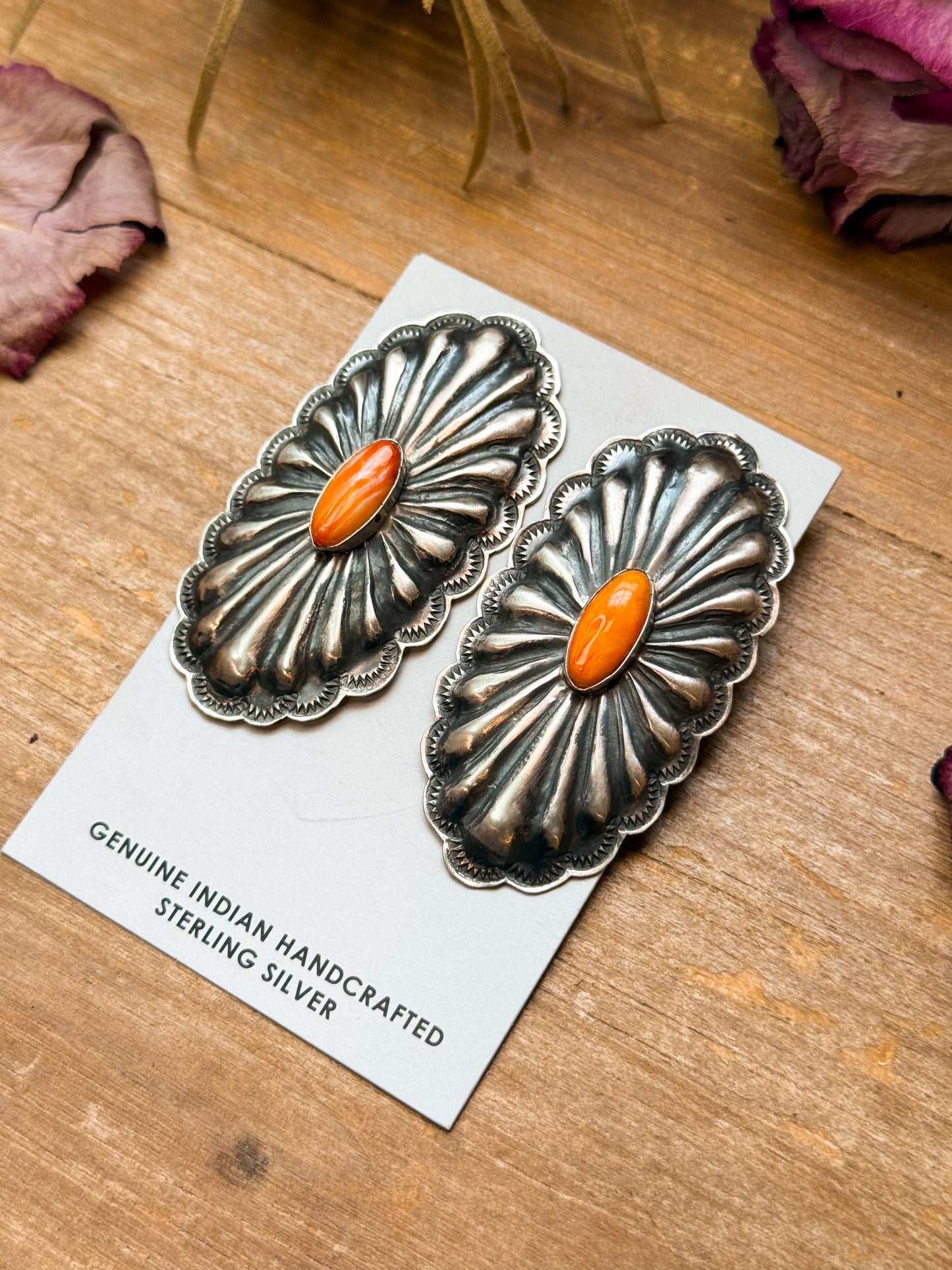 Sterling Silver Concho Earrings with Spiny Oyster – Native Made by Rita Lee