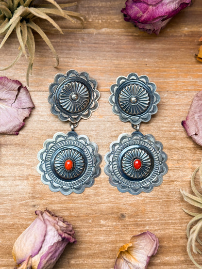 Sterling Silver Coral Jewelry Set – Native Made by Emerson Brown – Cuff, Adjustable Ring & Dangle Earrings
