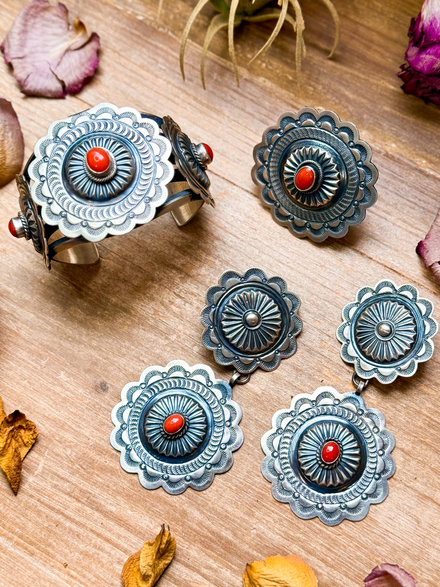 Sterling silver Native made jewelry set with coral stones, cuff and ring by Emerson Brown, dangle earrings with post on top, handmade in USA