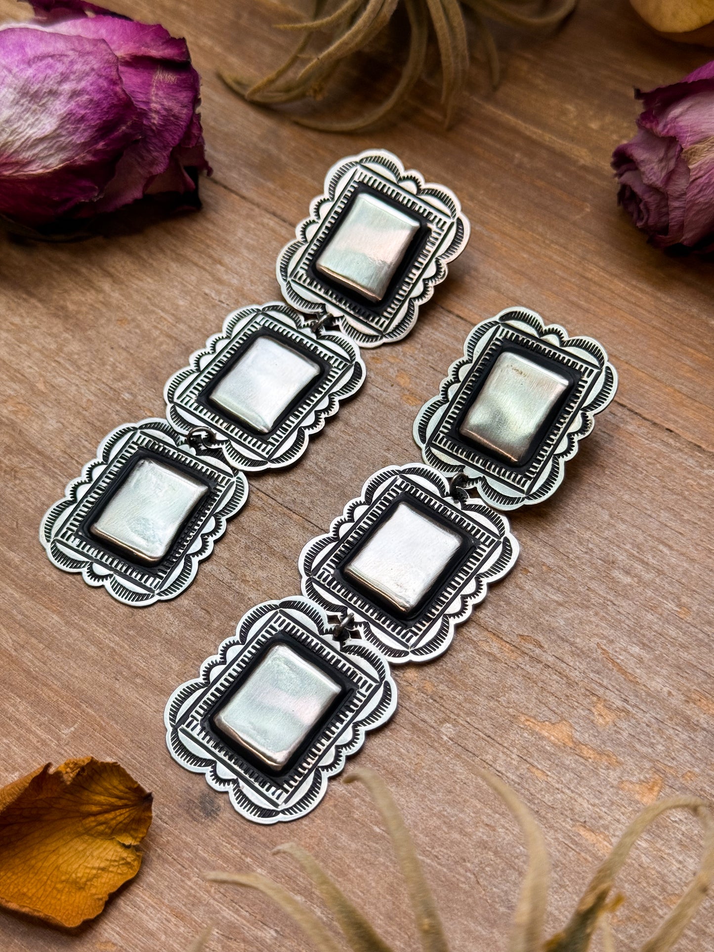 Sterling silver dangle earrings with stud on top, Native made by Navajo artist L. Tahe, lightweight with detailed stamp work