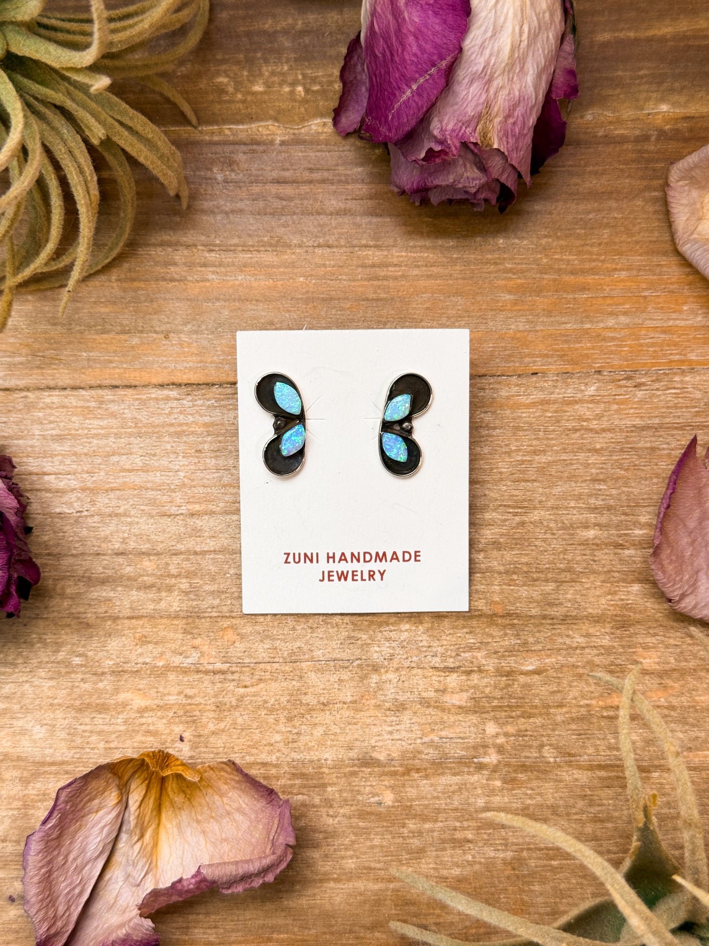 Sterling silver white opal stud earrings, Native made with center post, handmade in USA, one of a kind