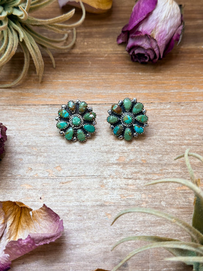 Sterling silver green turquoise stud earrings, Native made by Navajo artist Danny L. Wauneka, post on top, stamped DLW