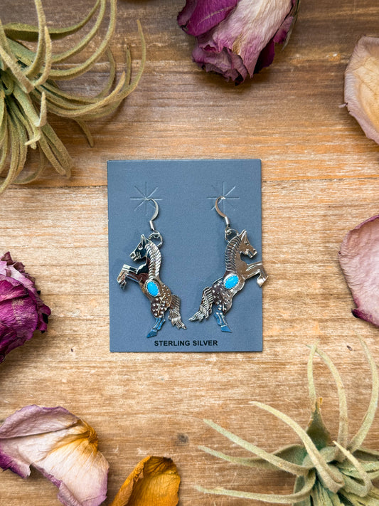 Sterling silver horse-shaped earrings with Kingman turquoise, Native made by L.Y., 2¼ inch long, lightweight, handmade in USA