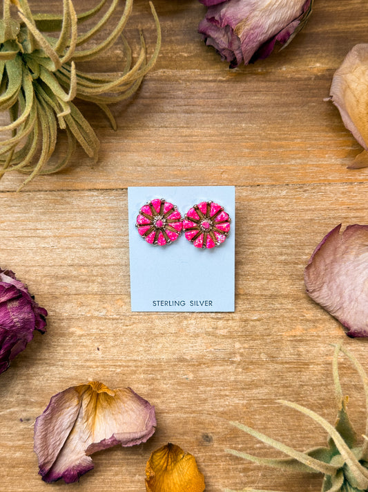 Sterling silver pink opal cluster earrings, Native made by artist S.C., post in the middle, handmade in USA, each pair unique