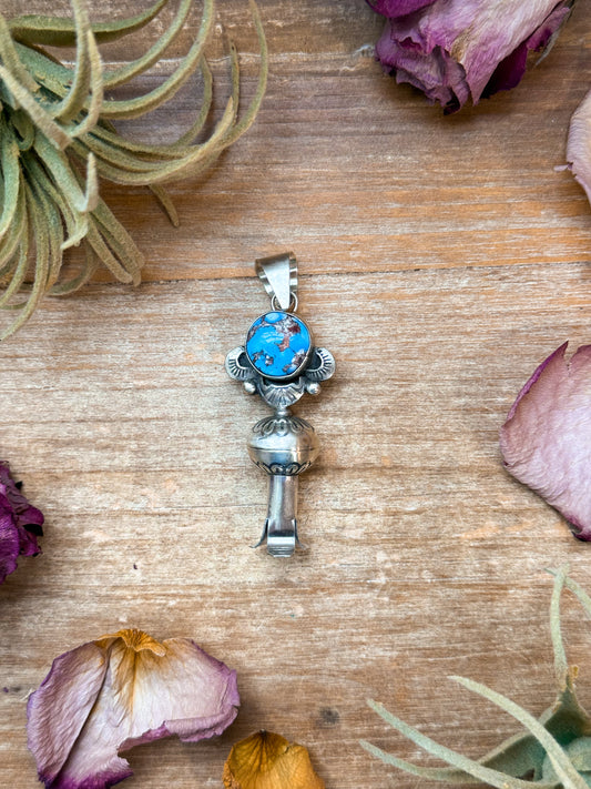 Sterling silver blossom pendant with 8 mm Golden Hill turquoise, Native made by artist M with arrow stamp, handmade in USA