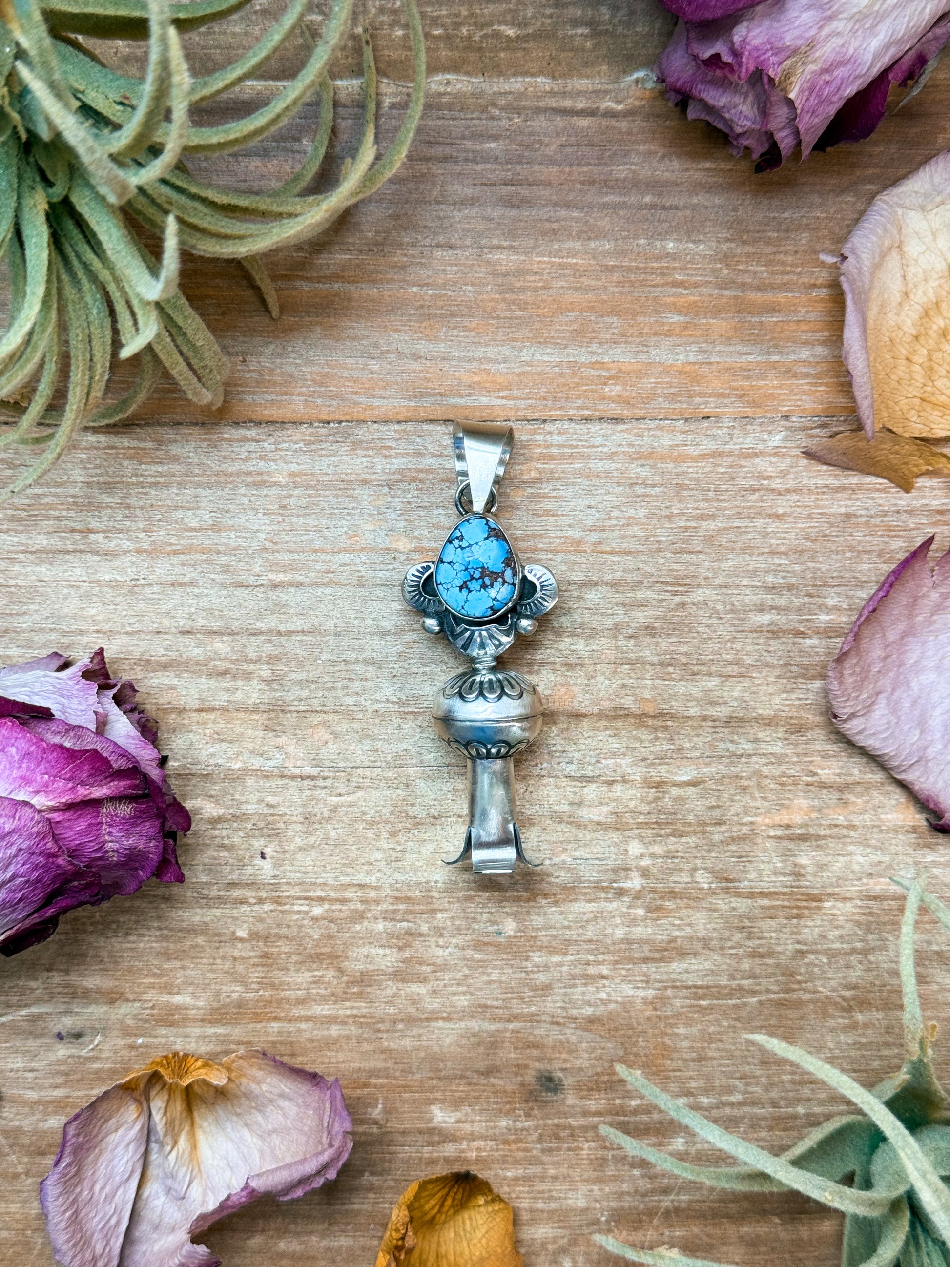 Sterling silver blossom pendant with 8 mm Golden Hills turquoise, Native made by artist M with arrow stamp, handmade in USA