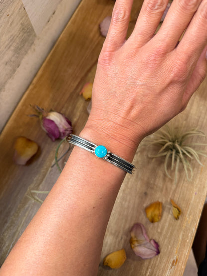 Sterling silver turquoise cuff bracelet, Native made, thick silver with slight give, stamped Y, handmade in USA